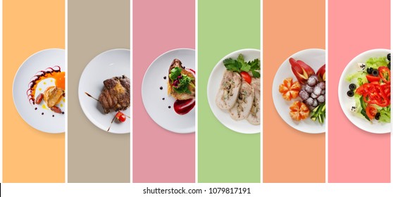 Set of various restaurant meals on colorful background. Collage of different main courses, meat and fish dishes with garnish, salads and desserts, business lunch concept, top view