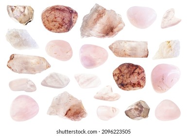 Set Of Various Rose Quartz Stones Cutout On White Background