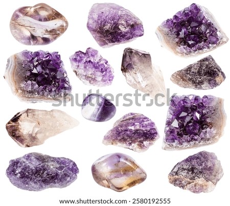 set of various samples of raw amethyst minerals isolated on white background