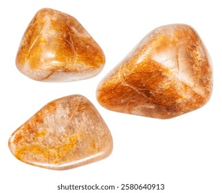 set of various samples of raw iridescent feldspar minerals isolated on white background
