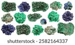 set of various samples of raw malachite and azurite minerals isolated on white background