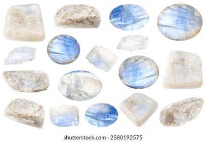 set of various samples of raw moonstone minerals isolated on white background