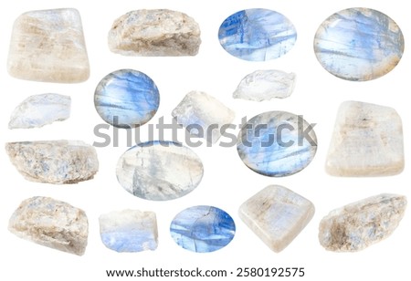 set of various samples of raw moonstone minerals isolated on white background