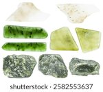 set of various samples of raw nephrite minerals isolated on white background