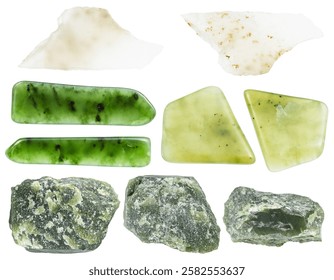 set of various samples of raw nephrite minerals isolated on white background