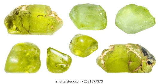 set of various samples of raw peridot minerals isolated on white background