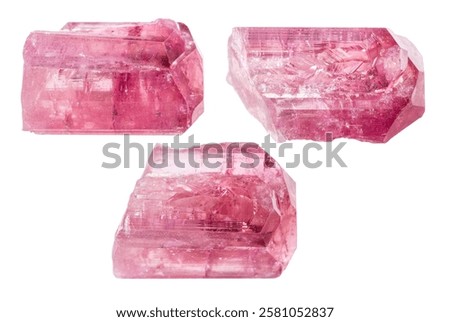 set of various samples of raw rubellite tourmaline minerals isolated on white background
