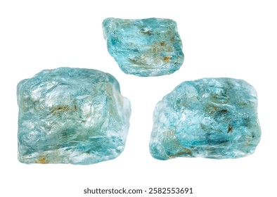 set of various samples of raw starlite zircon minerals isolated on white background