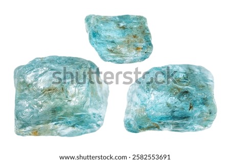 set of various samples of raw starlite zircon minerals isolated on white background