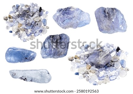 set of various samples of raw tanzanite minerals isolated on white background