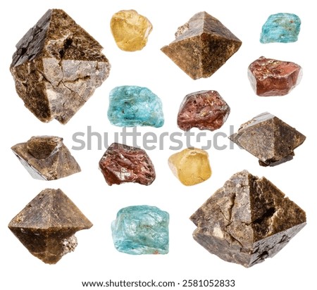 set of various samples of raw zircon minerals isolated on white background