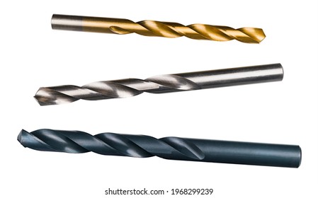 Set Of Various Sharp Drill Bits Isolated On A White Background. Three Drilling Cutters. Golden - Titanium Coated, Silvered And Blue Of Carbon Alloy Steel. Spiral Fluted Cutting Tools. Chip Machining.