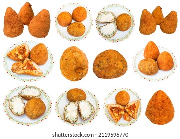 Set Of Various Sicilian Stuffed Rice Balls Arancini Isolated On White Background