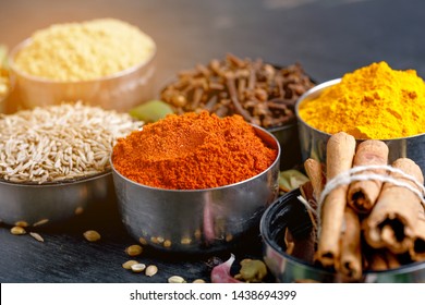 Set Various Spices On Black Background Stock Photo 1438694399