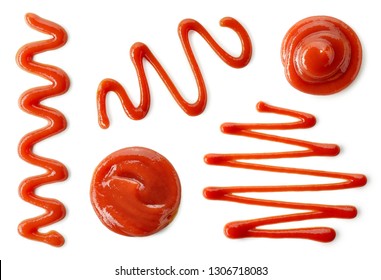 Set of various tomato sauce or ketchup splashes isolated on white background. Top view