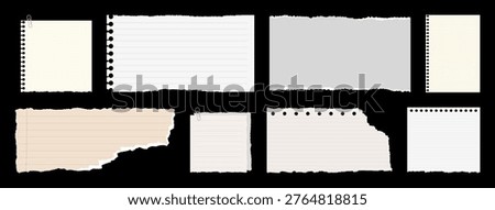 A set of various torn and clipped notebook paper designs, including lined, grid, and plain styles on a black background.