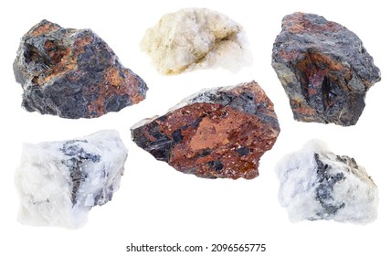 set of various tungsten ores cutout on white background