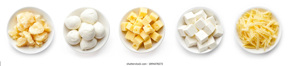 Set Of Various Types Of Cheese In White Bowl, Top View