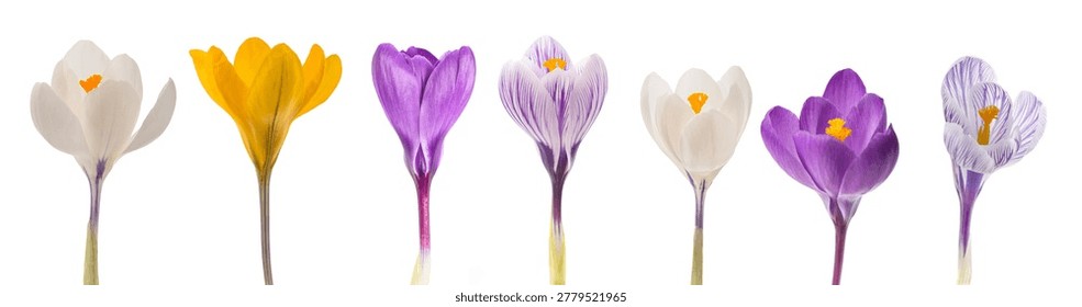 set of various types of crocuses of different colors isolated on white