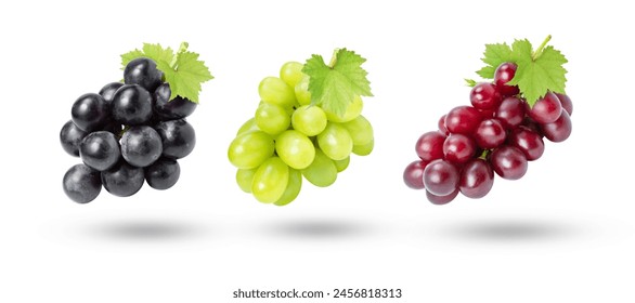Set of various types of grapes (Black, white and red grape) with leaf flying isolated on white background.