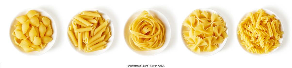 Set Of Various Types Of Pasta In Bowl, Isolated On White Background, Top View