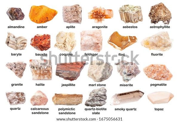 set of various unpolished stones with names\
(asbestos, fluorite, aplite, smoky quartz, feldspar, bauxite,\
astrophyllite, baryte, quartz-biotite slate, coquina, sandstone,\
marl, etc) isolated on\
white