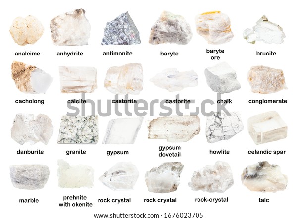 set of various unpolished white minerals with\
names (prehnite, danburite, analcime, analcite, brucite,\
gypsum,conglomerate, cacholong, anhydrite, rock-crystal, petalite,\
howlite etc) isolated on\
white