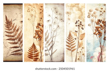 Set of vertical banners with old paper texture and dry pressed leaves and flowers. Nostalgic scrapbooking мintage backgrounds with grunge paper material and dried flower. Copy space for text