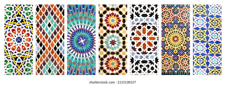 Set of vertical banners with textures of ancient moroccan ceramic mosaic with geometric and floral pattern