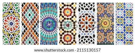 Set of vertical banners with textures of ancient moroccan ceramic mosaic with geometric and floral pattern