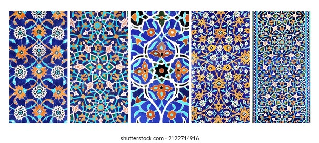 Set of vertical or horizontal banners with detail of ancient mosaic walls with floral and geometric ornaments. Collection of backgrounds with traditional iranian tile decorations - Shutterstock ID 2122714916