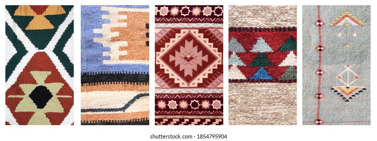 Set Of Vertical Or Horizontal Banners With Textures Of Berber Traditional Wool Carpet With Geometric Pattern, Morocco, Africa