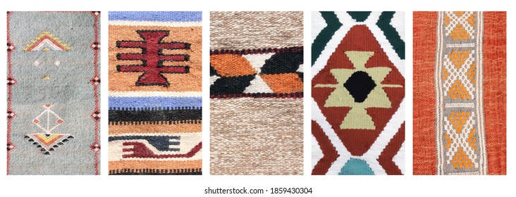 Set Of Vertical Or Horizontal Banners With Textures Of Berber Traditional Wool Carpet With Geometric Pattern, Morocco, Africa