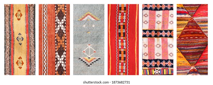 Set Of Vertical Or Horizontal Banners With Textures Of Berber Traditional Wool Carpet With Geometric Pattern, Morocco, Africa