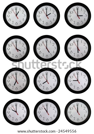 A set of very nice clock pictures from one to twelve o'clock in one hour increments
