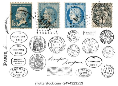 set of vintage and antique French postage design elements, run stamps and postmarks isolated over a white  background, retro Paris, destination, letter writing or correspondence design elements