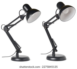set of vintage black desk lamp isolated on white background, taken in different angles, interior office or home decoration concept, template mock-up
