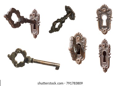 Set Of Vintage Key And Key Hole In White Isolated Graphic Element