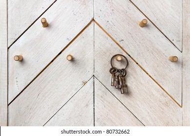 set of  vintage keys on wooden wall