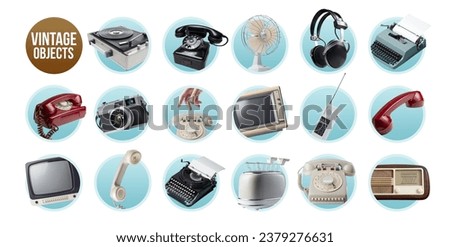 Set of vintage objects, appliances and electronics, isolated icons