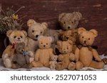 Set of vintage retro bear toys on a beautiful background. Background with antique toys of the last century.