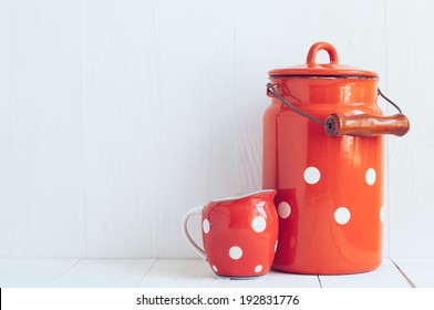 Set Of Vintage Utensils, Milk Can And Small Polka Dots Milkman, Home Kitchen Decor In Country Style, Painted White Background