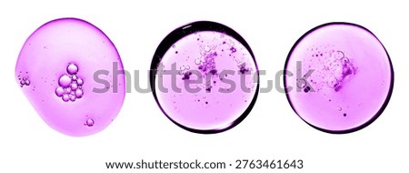 Set violet serum round drop gel with clear liquid niacinamide, hyaluronic or Aha Bha acids on a white or transparent isolated background. Textured swatch skincare. Laboratory cosmetics