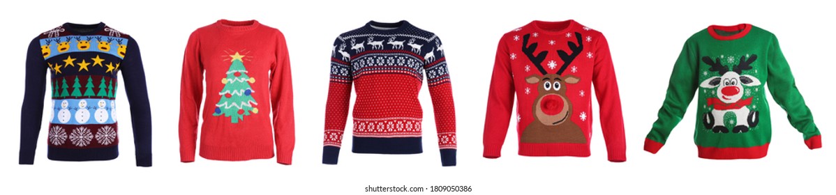 Set of warm Christmas sweaters on white background. Banner design - Shutterstock ID 1809050386