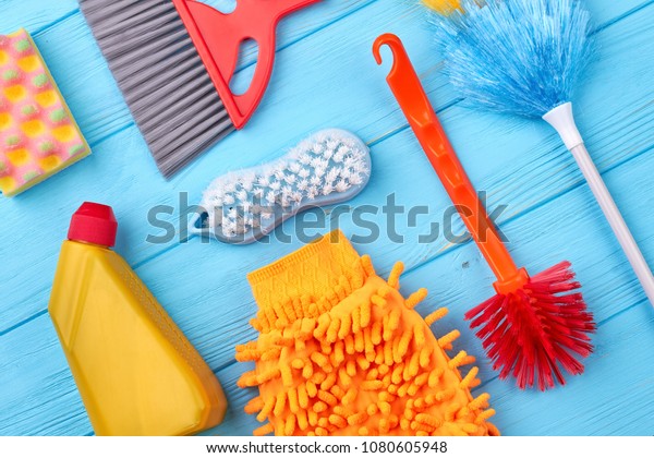 Set of washing and cleaning equipment. Household\
chores concept.