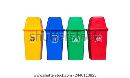 Set of waste sorting garbage cans in different colors isolated on white background with clipping path