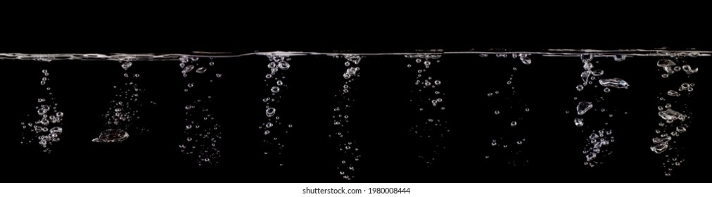 Set Water Bubble White Oxygen Air, In Underwater Clear Liquid With Bubbles Flowing Up On The Water Surface, Isolated On A Black Background