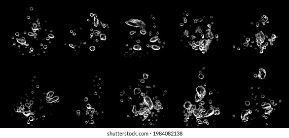 set water bubble white oxygen air, in underwater clear liquid with bubbles flowing up on the water surface, isolated on a black background - Shutterstock ID 1984082138