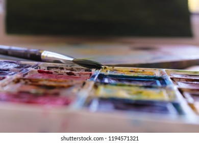 the set of watercolor paints from 20 colors with the brush and the palette in the process of drawing. selective focus