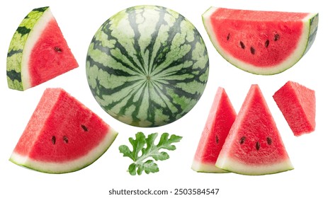 Set of watermelon and watermelon slices isolated on white background. Clipping paths. - Powered by Shutterstock